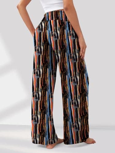 GEMLON Womens Wide Leg Pants High Waisted Palazzo Pants Summer Lounge Trousers Boho Pants with Pockets Black Print M - Thumbnail 2