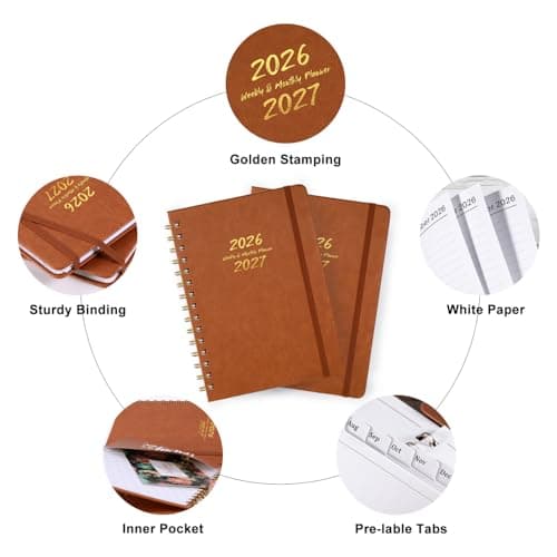 Planner 2026-2027 - Weekly & Monthly 2026-2027 Planner with Twin-Wire Binding, JULY 2026 - JUNE 2027, 6.3" x 8.4", Hardcover with Monthly Tabs, Back Pocket, Thick Paper - Brown - Thumbnail 6