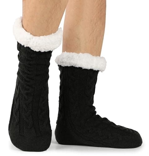 BenSorts Mens Warm Slipper Socks with Grips Cozy Fuzzy Lined Winter Non Slip Indoor House Christmas Gifts Stocking Stuffers Black - Thumbnail 4