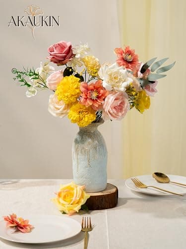 AKAUKIN Pink Yellow Artificial Flowers Combo, Fake Silk Dahlia Roses Bulk with Stems Box Set for Wedding Bridal Bouquets, Baby Shower, Party, Table Centerpieces, Home Decor & DIY Floral Arrangements - Thumbnail 2