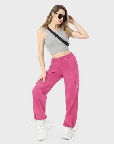 keriffe Baggy Cargo Pants Women Parachute Hiking Wide Leg Pants with 4 Pockets Y2K Clothes Casual Travel Hot Pink - Thumbnail 5