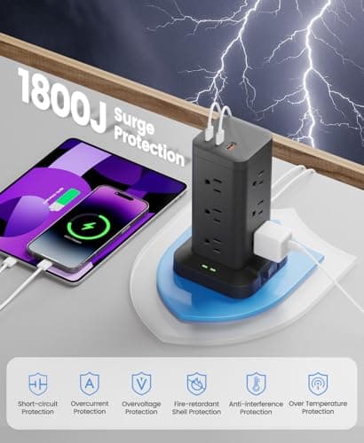 Power Strip Tower with Surge Protector 1800J, Fast Charging Tower PD20W USB-C Ports with 12 AC Outlets, 6ft Extension Cord for Home Office Dorm Room, Black - Thumbnail 5