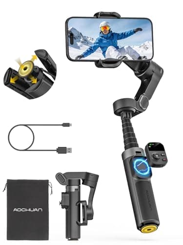 AOCHUAN 360° Pan Rotation Gimbal Stabilizer for iPhone, Magnetic Remote Control, 3-Axis Stabilizer w/Built-in Extension Rod & One-Touch Open Tripod, 3-in-1 Foldable Phone Gimbal for Vlogging, Travel - Image 1
