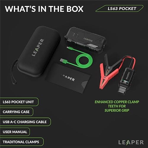 Leaper 12V Jump Starter, Black, 800A Peak Current, 10000mAh Capacity. Single Pack with Carry case - Black - Thumbnail 2