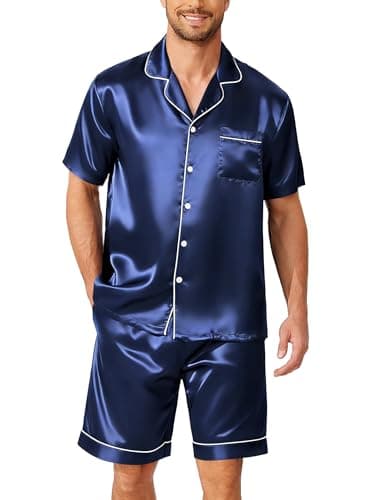 Ekouaer Mens Pjs Set Silk Pajamas Summer Sleepwear Short Sleeve Button Up Nightshirts Shorts Set,Navy,S - Image 1