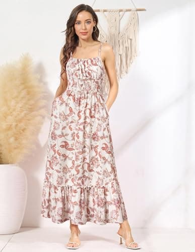 GRACE KARIN Summer Dresses for Women 2026 Vacation,Smocked Floral Maxi Dresses,Boho Beach Long Sundress Beige Vine M - Thumbnail 2