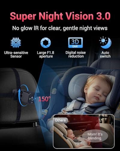 Faninso Baby Car Camera, 1296P HD Car Baby Monitor with 7" Touchscreen, CarPlay, No‑Glow Night Vision, 150° Wide Angle, Live Rear‑Seat View, Easy Installation, Alternative to Rear Facing Mirrors - Thumbnail 4