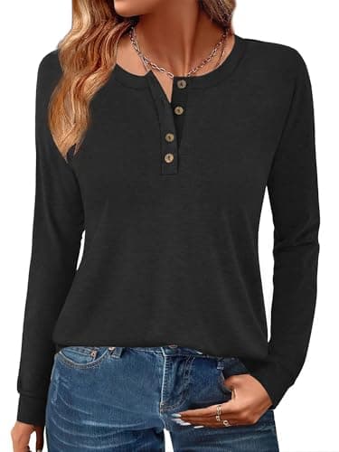 GKBK Womens Henley Tops Long Sleeve Shirts Button Pullover Loose Fit Henley Neck Tunics Black XXL - Image 1