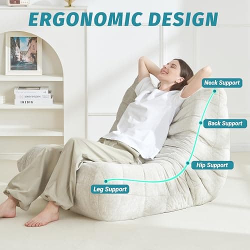 Homguava Bean Bag Chair, Giant Beanbag Chairs for Adults, Memory Foam Fireside Chair, Large Lazy Floor Sofa, Sofa Couch with High-Rebound Foam, Lounge Chair for Living Room, Bedroom (Beige, Single) - Thumbnail 3