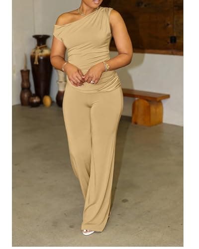 CXXQ Sexy 2 Piece Outfits for Women One Off Shoulder Tops Wide Leg Pant Set Summer Tracksuit Khaki S - Thumbnail 2