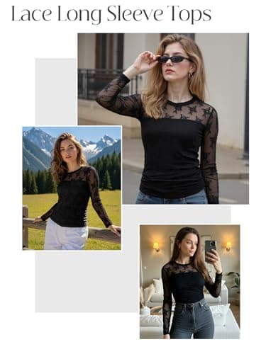 Women’s Lace Long Sleeve Tops Sexy Mesh Sheer Crew Neck Going Out Double Layered Blouse Black - Thumbnail 4