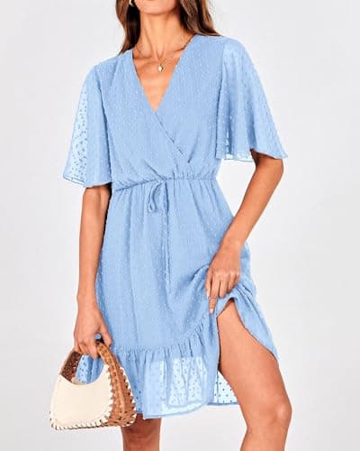 KIRUNDO Womens Summer Dresses 2026 Casual Spring Short Sleeve V Neck Ruffle Swiss Dot High Waist Belted Flowy Mini Dress, Style2-light Blue, Small - Thumbnail 6
