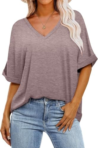 Womens Oversized T Shirts V Neck Loose Fit Shirts Short Sleeve Summer Casual Tops 2025 Trendy Blouses Y2K Plain Tees Gray Purple XL - Image 1