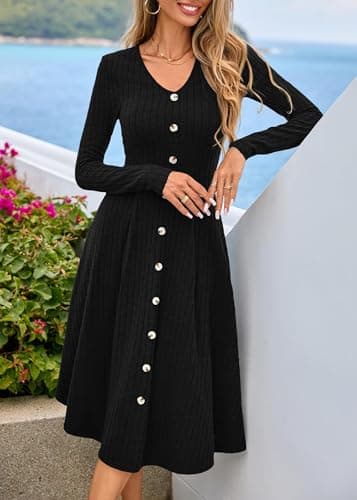 Lazysmile Long Sleeve Fall Winter Dresses for Women V Neck Button Down A Line Swing Casual Knit Sweater Dress Black - Thumbnail 6