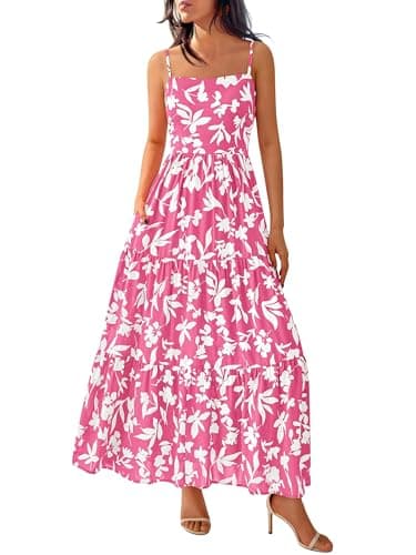 NOLLSOM Women's Summer Dress 2025 Casual Floral Boho Maxi Dresses Sleeveless Spaghetti Strap Long Beach Sun Dresses(Floral Pink White,Small) - Image 1