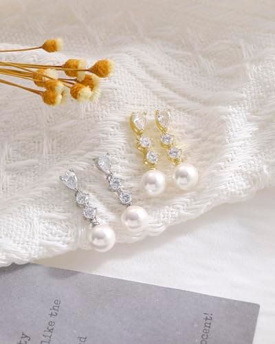 Pearl Earrings for Women, Trendy Silver Diamond Pearl Drop Earrings Bridal Shower Gifts Wedding Gifts for Women - Thumbnail 5