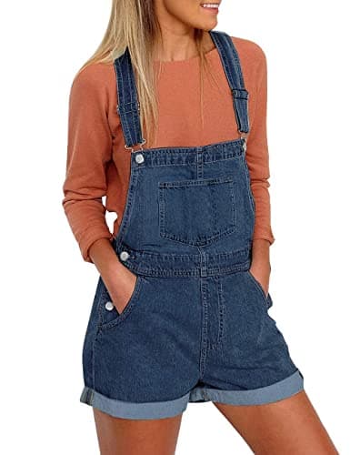 Vetinee Women's Deep Blue Classic Adjustable Straps Cuffed Hem Denim Bib Overall Shorts Small - Thumbnail 5
