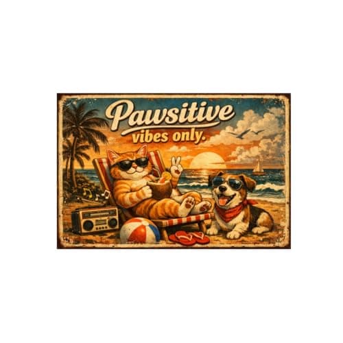 Pawsitive Vibes Only Vintage Tin Sign Funny Cat Dog Beach Wall Decor Retro Metal Plaque Summer Coastal Artwork Gift for Pet Lovers Home Bar Patio 8x12 Inch Pre Drilled Holes - Image 1