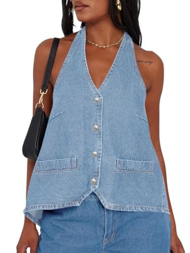 Tankaneo Womens Halter Denim Vest Tops Summer Open Back Y2K Going Out Tank Tops V Neck Button Down Jean Shirts - Image 1