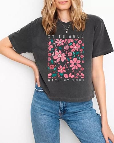 MiraElley Christian Shirts Women It is Well with My Soul Shirt Vintage Bible Verse Boho Wildflowers Floral Graphic Tees Grey - Thumbnail 3