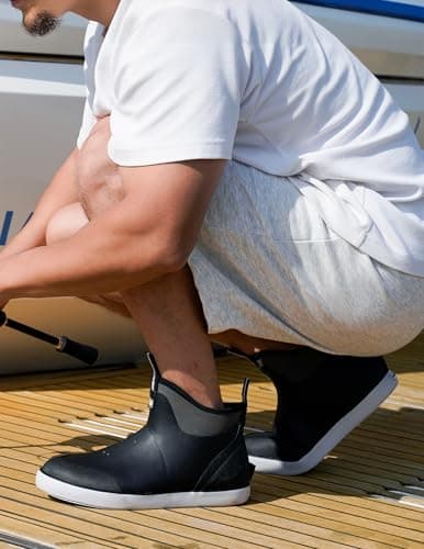 Trudave Deck Boots for Men, Waterproof Rain Boots with High Traction, Slip On Saltwater Fishing Boots Neoprene Rubber Ankle Boots for Boating Sailing - Thumbnail 2