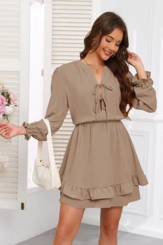 Angashion Women's Tie Front Mini Dress: V Neck Long Sleeve Elastic Waistband Layer Ruffle Hem Short Dress with Pockets Khaki X-Large - Thumbnail 3