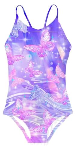 Idgreatim Bathing Suits for Girls Purple Butterflies Swimsuits Size 5 6T Sparkly Soft One Piece Swimwear - Image 1