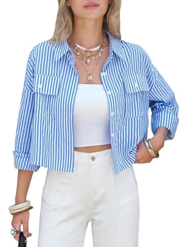 EXLURA Women's 100% Cotton Striped Cropped Button Down Shirt Long Sleeve Blouse Summer Casual Collared Crop Tops with Pockets Blue - Image 1