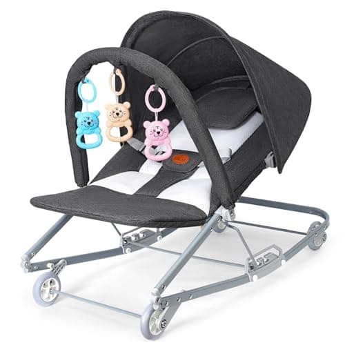 HKAI Rocking Baby Bouncer with Canopy, 2-Mode Rocking & Rolling Infant Seat, Portable Baby Chair for 0-18 Months, Grey