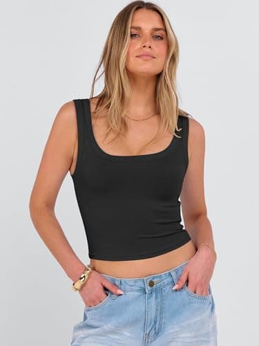 ANRABESS Tank Tops for Women Scoop Neck Crop Sleeveless Top Summer Going Out Basic Tee Cute Ribbed Slim Shirts Clothes 2026 X-Large Black - Thumbnail 2