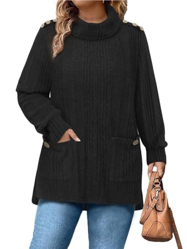 Siddhe Plus Size Sweater for Women Long Sleeve Casual Dressy Tops Loose Fit Turtleneck Lightweight Knit Tunic with Pockets Fall Winter (Black,XXL) - Image 1
