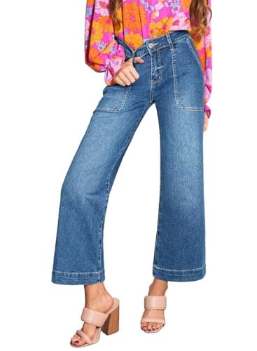 Astylish Women's Stretchy Breathable Straight Wide Leg High Waist Jeans Tummy Control Boyfriend Casual Flare Cropped Ankle Denim Trouser Deep Front Pockets Plus Size Spring Clothes Dusk Blue Size 18 - Thumbnail 2