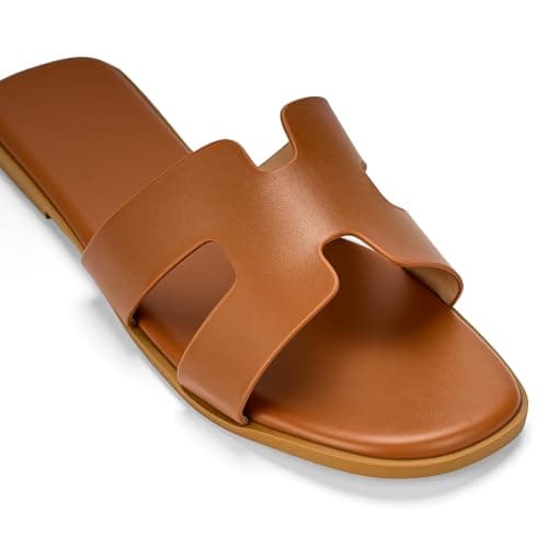 EcooInviv Women's Dressy Flat Sandals Comfortable Slip-On Slide Sandals Brown - Thumbnail 6