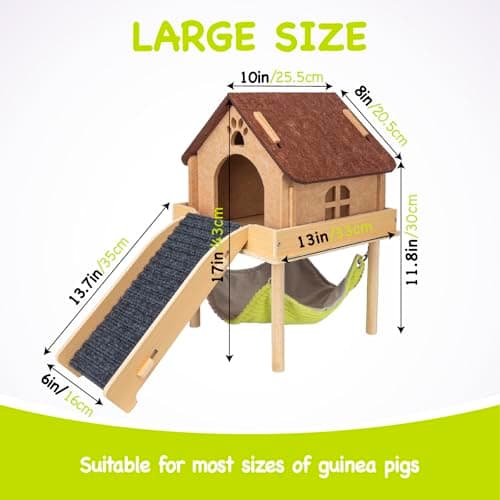 BESNEW 3 in 1 Enlarged Guinea Pig Hammock,Wooden Guinea Pig Hideout with House & Platform & Stairs Small Animal Toys for Hiding Sleeping Activities - Thumbnail 4
