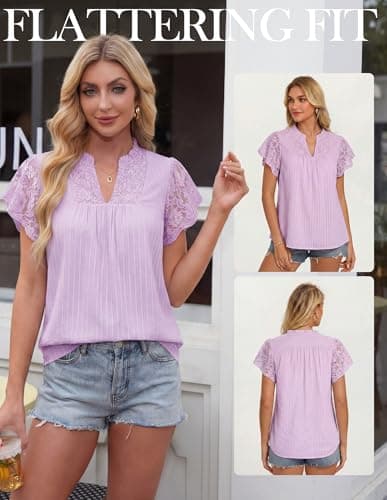 GRACE KARIN Womens Lace Short Sleeve Tops Summer Dressy Casual Cotton Blouses Flowy V Neck Dress Shirts Trendy Clothing 2026, Purple, Medium - Thumbnail 2