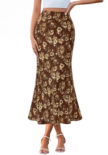 BTFBM Satin Skirts for Women Trendy Spring Summer 2026 High Waisted Leopard Print Cocktail Wedding Long Silk Midi Skirt(Floral Brown Yellow, X-Large) - Image 1