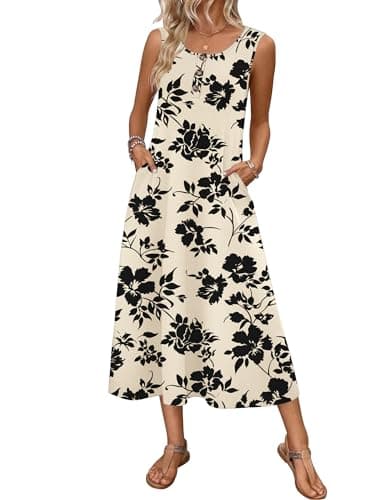 Zeagoo Womens 2026 Midi Summer Dresses A Line Casual Sundress Spring Button Down Tank Dress with Pockets Beach Tshirt Dresses Floral Black Small - Image 1