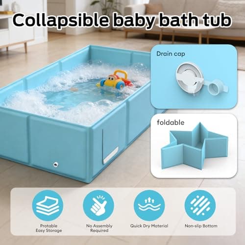 Totiro Collapsible Baby Bathtub, Foldable Infant Bath Tub with Non-Slip Base, Portable Travel Baby Bath for Newborns & Toddlers Indoor Outdoor Use, Baby Shower Gift, Blue - Thumbnail 4