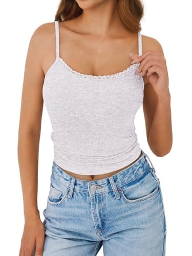 GKBK Spaghetti Strap Tank Top Womens Scoop Neck Lace Tank Ribbed Knit Slim Fitted Y2k Going Out Camisole Shirts Sleeveless Summer Tops Light Gray S - Thumbnail 3