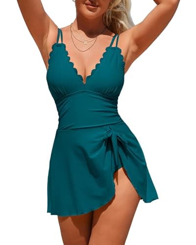 Charmo Womens One Piece Swimsuit Tummy Control Bathing Suit Scalloped Modest Tie Knot 2026 Swim Dress Skirt Strong Blue L - Image 1