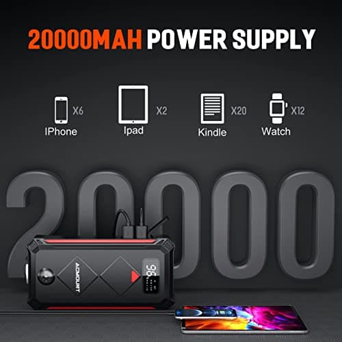 Acmount P100 Car Jump Starter, 5000A Peak Lithium Jump Starter Battery Pack for Up to 10.0L Gas or 8.0L Diesel Engine, Safe 12V Portable Battery Starter Power Pack with LED Screen & LED Light - Thumbnail 3