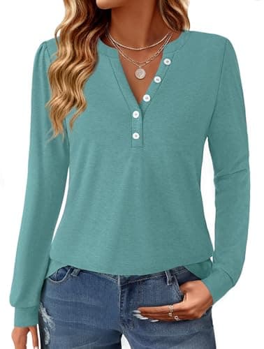 GKBK Women's Puff Long Sleeve Tunic V Neck Button Blouses Fall Tops Trendy Dressy Casual Business Henley Shirts Cyan S - Image 1