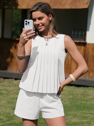 EXLURA Linen Sets for Women 2 Piece Sleeveless Pleated Babydoll Tops Casual Matching Short Set Summer Beach Vacation Outfits - Thumbnail 6