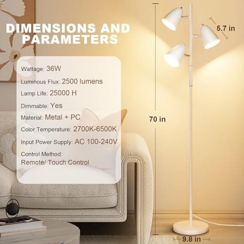QiMH LED Floor Lamp for Living Room, Modern Dimmable Standing Lamp with 4 Color Temperature,Remote and Touch Control, Tree Floor Lamp for Bedroom with 3 Rotatable Lights Bright Stand up Lamp, White - Thumbnail 5
