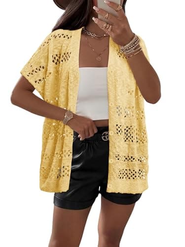 KISSMODA Yellow Short Batwing Sleeve Crochet Cardigan for Ladies Relaxed Fit Loose Boho Summer Farmer’s Market Layering Cardigan S - Thumbnail 3