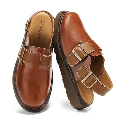 KYIKHOR Women's Genuine Leather Clogs for Women Comfort Women Loafer Slip-on Business Casual Dress Shoes Lightweight Leather Mules Office Work Everyday Walking Flats Brown,11 M US - Image 1