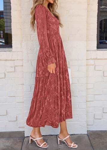 KIRUNDO Spring Wedding Guest Dresses for Women 2026 Maxi Floral Long Sleeve Elegant Ruffle Tiered Flowy Party Long Dress(Bean Paste Red, XX-Large) - Thumbnail 6