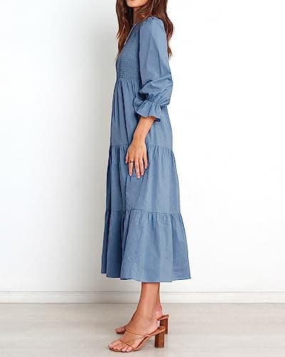 BTFBM Women Casual Long Sleeve Dress Fall Dresses 2025 Solid Color Relaxed Fit Smocked Tiered Flowy Boho Long Dresses(Solid Grey Blue,XX-Large) - Thumbnail 3