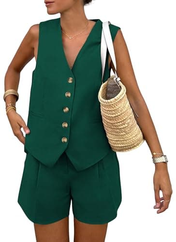 PRETTYGARDEN Women's Summer 2 Piece Outfits Sleeveless Matching Sets Button Down V Neck Vest Waistcoat and Pockets Shorts (Dark Green,Large) - Image 1