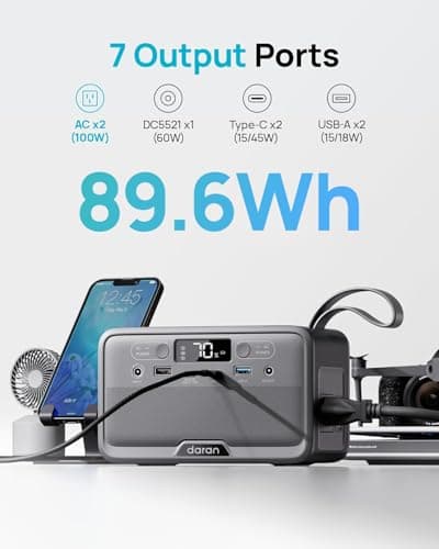 DARAN Portable Power Station 89.6Wh LiFePO4 Battery 100W(200W Peak) Solar Power Bank, Portable Charger Small Generator with AC Outlets & PD Fast Charging for Home/Laptop/Camping(Solar Panel Optional) - Thumbnail 2